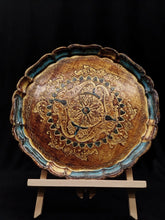 Vintage, hand-carved and hand-painted, round Florentine tray with mint and gold